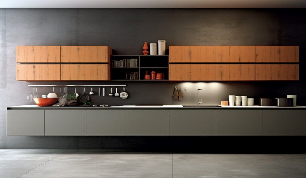 03-Natural wood and dark green combination into Italian style kitchen cabinets