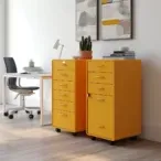 Modern Design Commercial Office File Cabinet: orange finish with rose gold handles and mobile casters