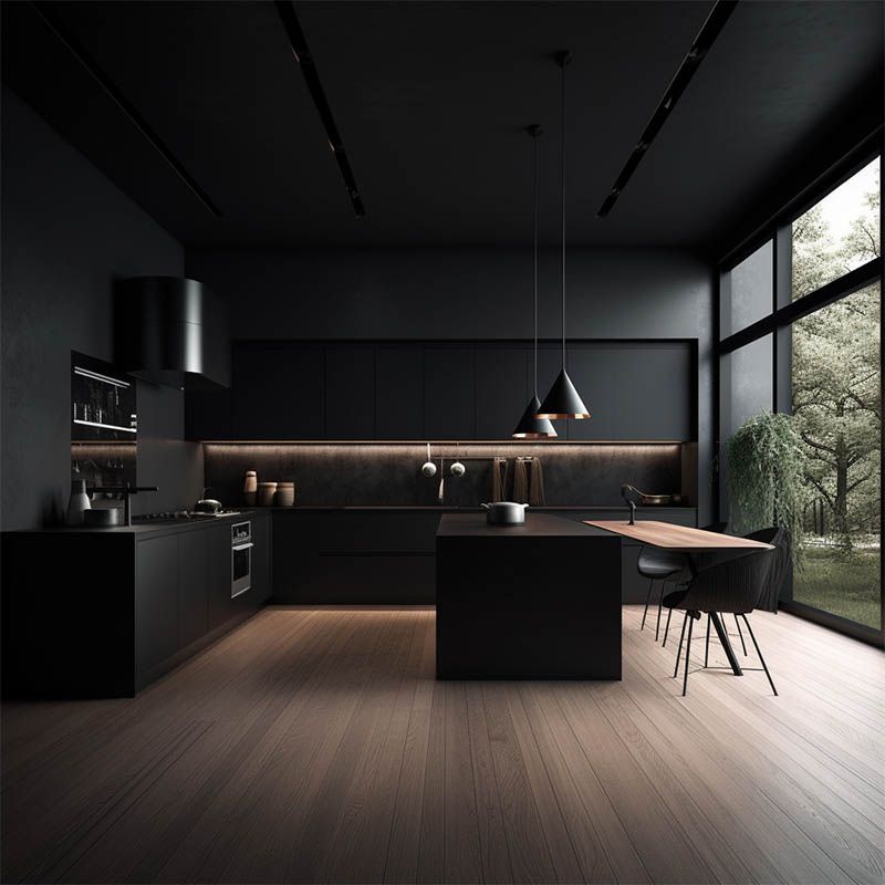 خزائن المطبخ الحديثة باللون الأسود بتصميم بسيط