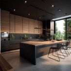 contemporary wood and black kitchen cabinets