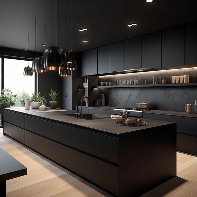 خزائن المطبخ الحديثة باللون الأسود غير اللامع