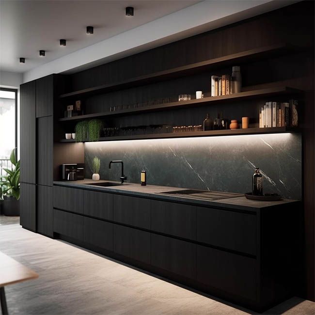 خزائن المطبخ السوداء الحديثة مع الخشب الداكن