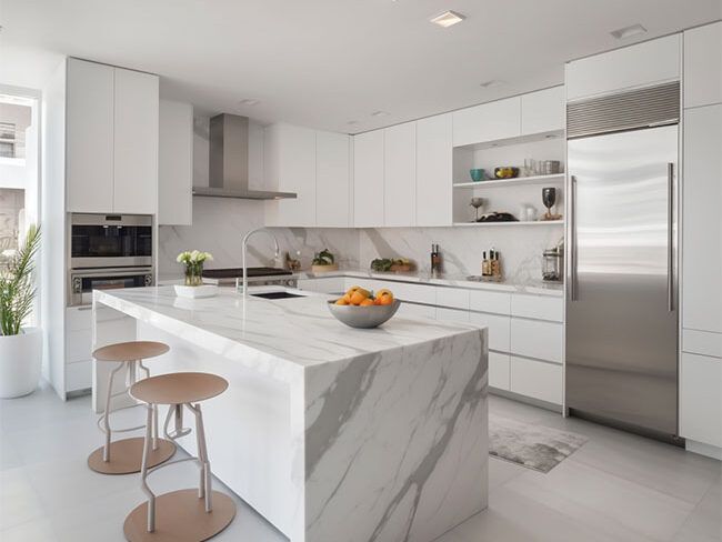 Sleek Modern Villa Kitchen Cabinet: High-Gloss White with Touch-Latch Openings