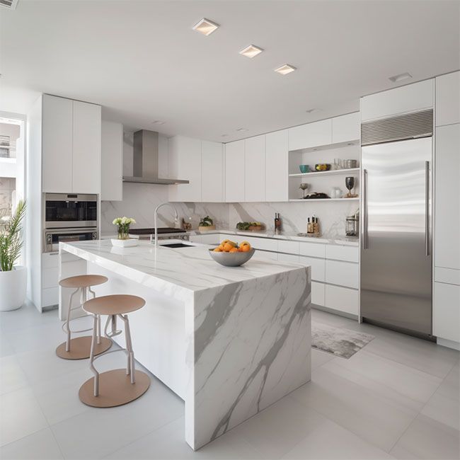 Sleek Modern Villa Kitchen Cabinet: High-Gloss White with Touch-Latch Openings