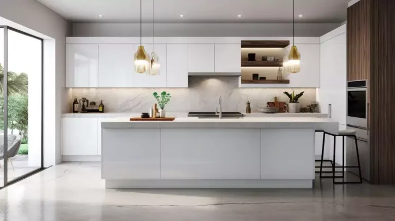 خزانة مطبخ بيضاء حديثة بمقابض ناعمة الملمس: حلول تخزين الأسطح والأركان المصفحة