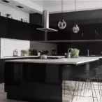 Modern Luxury Kitchen Cabinet: High-Gloss Black with Built-in Wine Rack-3
