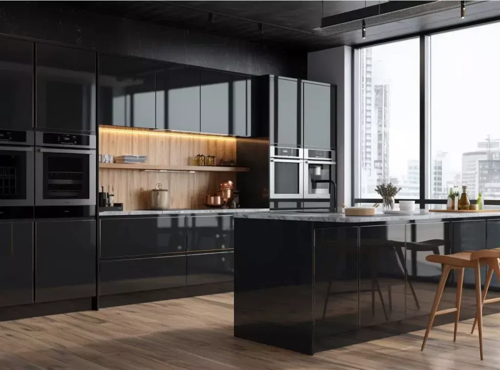 Modern Luxury Kitchen Cabinet: High-Gloss Black with Built-in Wine Rack