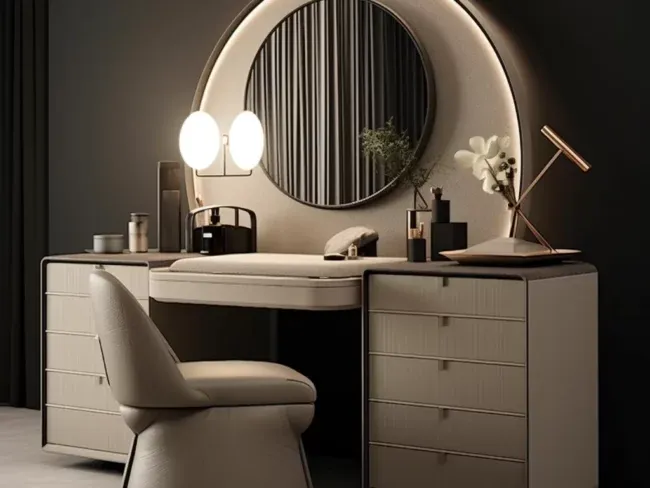 Italian Modern Luxury Villa Furniture Dressing Table: Sleek Black Glass with Illuminated Mirror