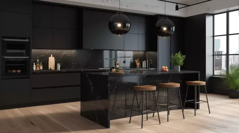 خزانة مطبخ حديثة باللون الأسود مع أدراج سهلة الإغلاق: مدمجة ومتعددة الاستخدامات لكل مساحة