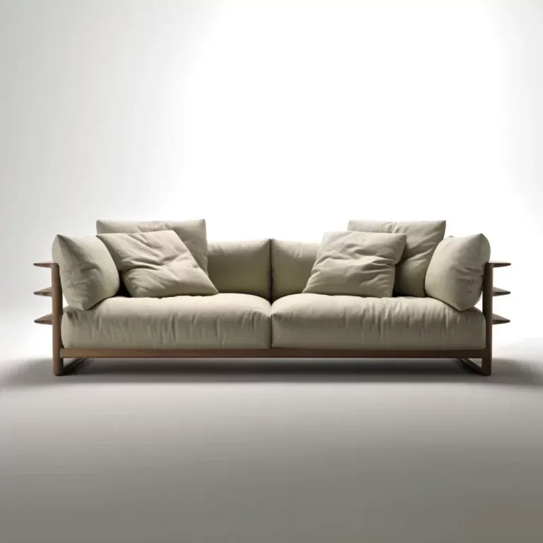 أريكة غرفة معيشة فاخرة - تصميم حديث لمنتصف القرن، قماش كتان، بيج محايد، لمسات خشبية