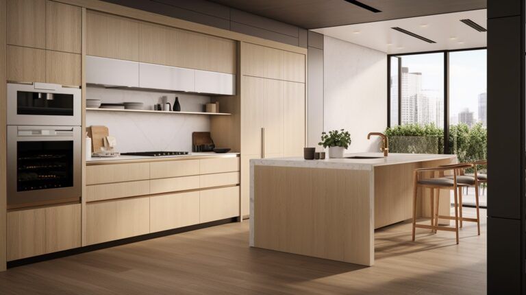 Natural Oak Finish Contemporary Kitchen Cabinet: For Compact Spaces with Hidden Drawers