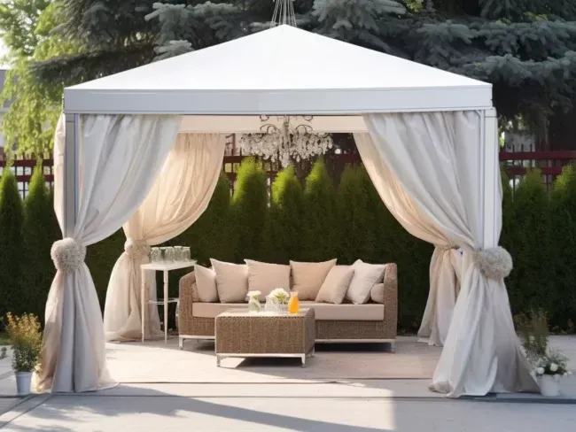 Chic Urban Hotel Outdoor Gazebo: Black Metal Frame with Retractable Canopy