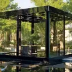 Chic Urban Hotel Outdoor Gazebo: Black Metal Frame with Retractable Canopy-2