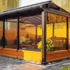 Chic Urban Hotel Outdoor Gazebo: Black Metal Frame with Retractable Canopy-6