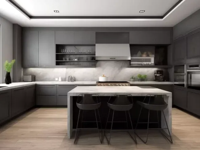 Contemporary Luxury Kitchen Cabinet: Sleek Gray Design with Integrated LED Lighting