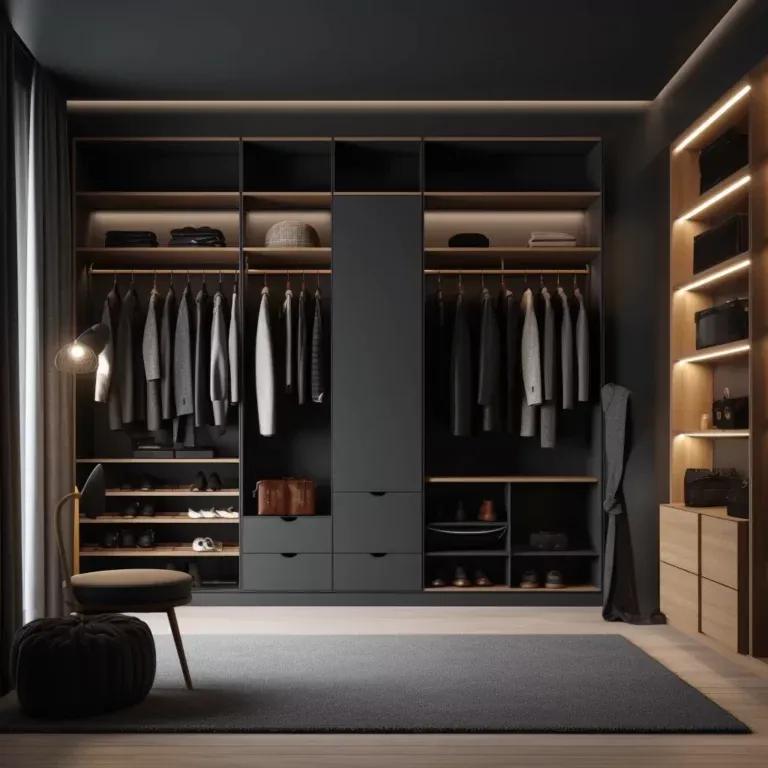 أثاث منزلي كامل - خزانة ملابس سوداء حديثة ذات تشطيب غير لامع تشبه الجلد ومنطقة تعليق مزدوجة واسعة، مثالية للمنزل الحديث