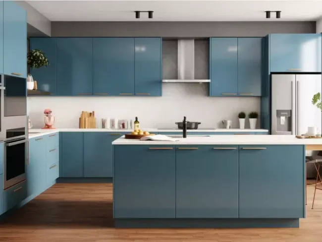 Contemporary Kitchen Cabinet in High-Gloss Teal: Modular Units with Open Shelving
