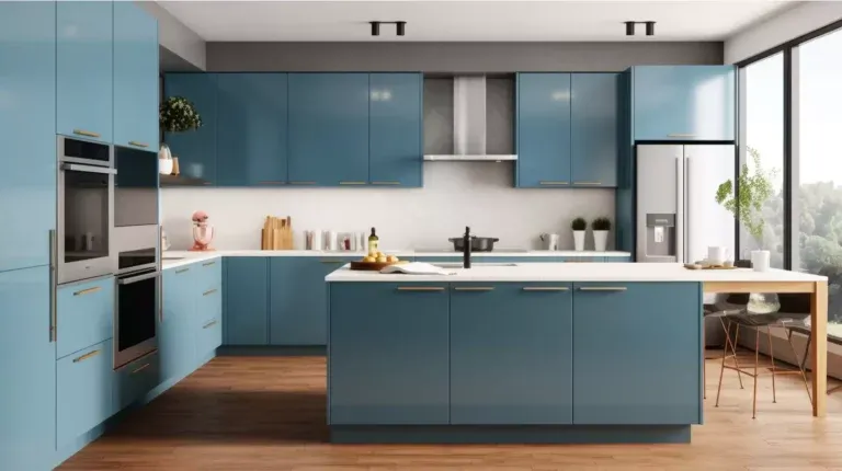 خزانة مطبخ معاصرة باللون الأزرق المخضر شديد اللمعان: وحدات معيارية ذات رفوف مفتوحة
