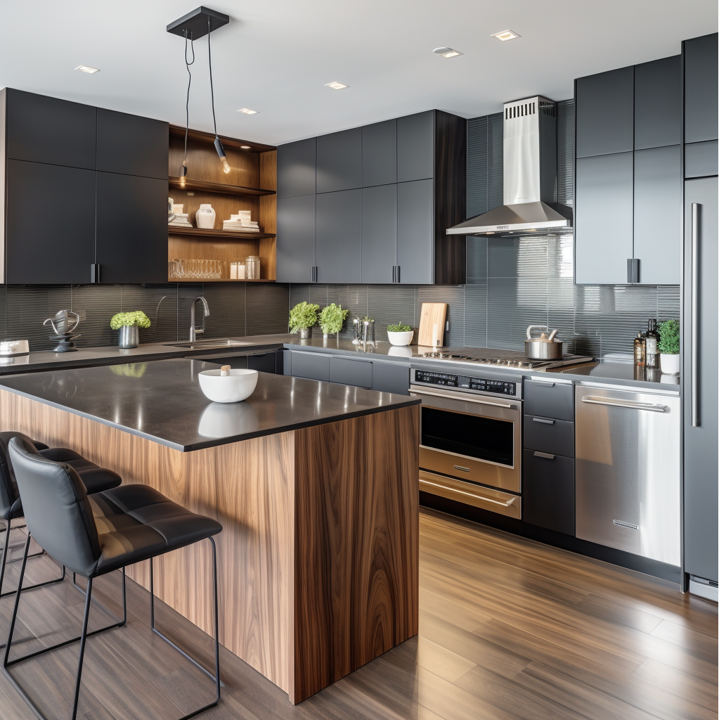 Grey Flat-panel Kitchen Cabinets And Textured Backsplash