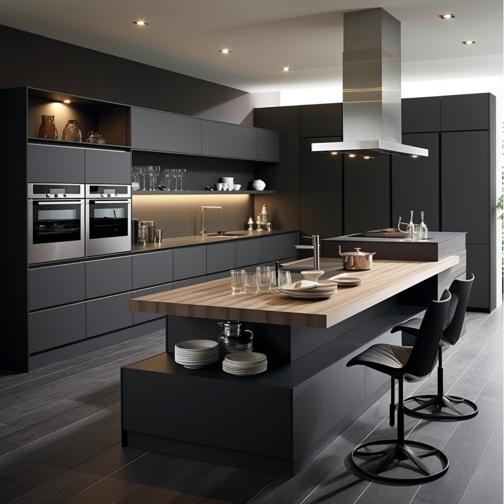 Perfect Convergence Of Dark Grey Cabinetry With Light Wood Accents