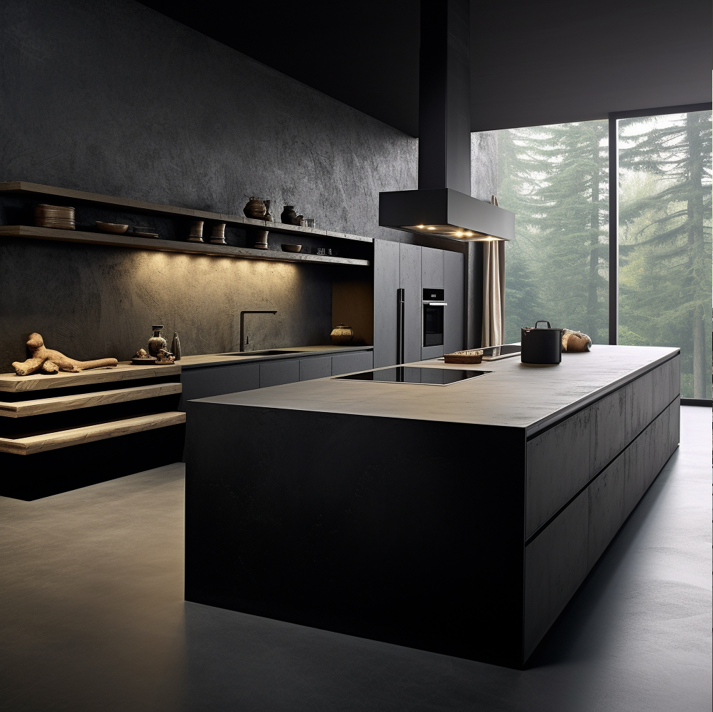 Organic Black Cooking Space Enhanced By Kitchen Cabinets