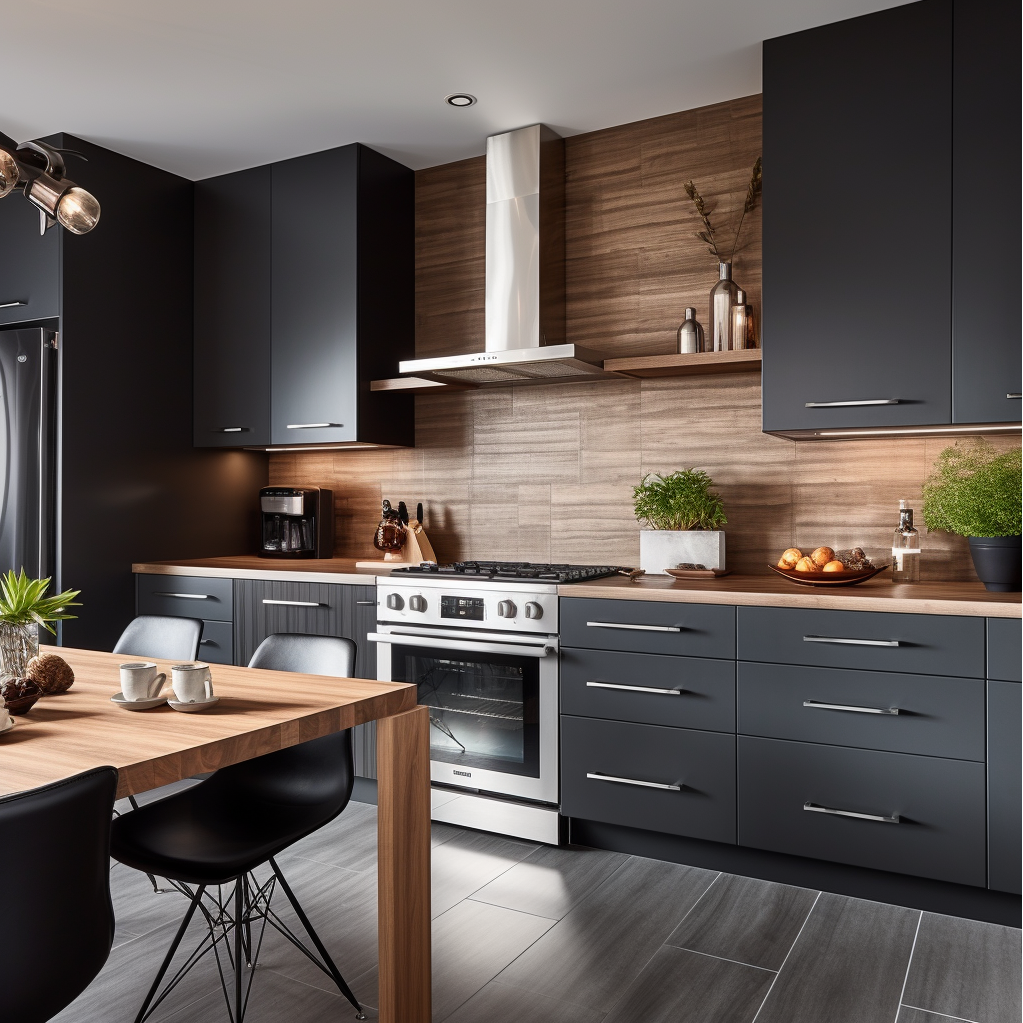 Incorporate Modern Dark Grey Cabinets And Wood Accents